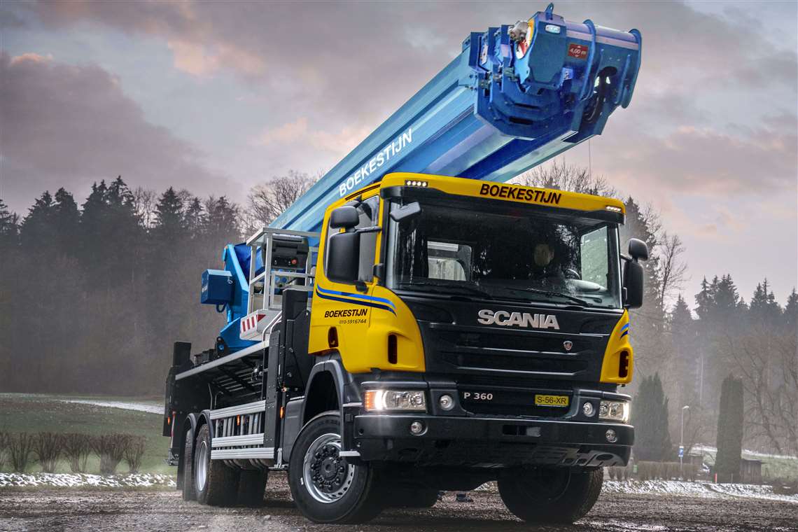 Design image for Kraanverhuur Boekestijn's new Bronto S56XR truck mount with a blue boom on a yellow and black cab Scania