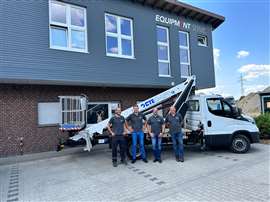 Left to right: Equipment Service's Daniel Schlattmann, Workshop Manager; Aaron Schmale, Sales Manager CTE brand; Andre Gerdes Head of Sales, and Dieter Roters, Managing Director/Owner, in front of their newly arrived CTE B-LIFT 18 demo unit.