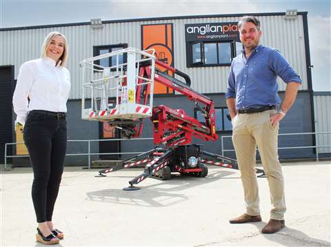 Left to right: APS Major Accounts Manager Linda Betts and Anglian Plant owner and Managing Director Joe Paterson with the Hinowa 14.7 Performance IIIS Spider lift 