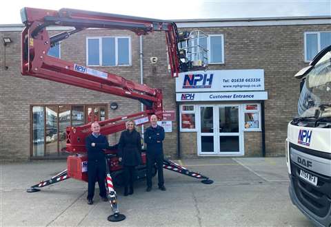 The Hinowa handover, from left to right: NPH Group Managing Director Ashley Tarrant, APS Major Accounts Manager Linda Betts, and NPH Group Plant Manager Simon Trigg.